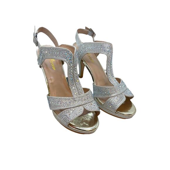 FOREVER Sandal 7.5 M SILVER Rhinestone High Heel Wedding Bling Prom Padded - Picture 1 of 10